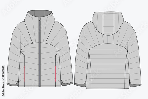 Hooded quilted puffer jacket technical flat sketch front and back view. Vector illustration of winter padded jacket for fashion tech pack. Minimalist quilted streetwear jacket fashion flat sketch.