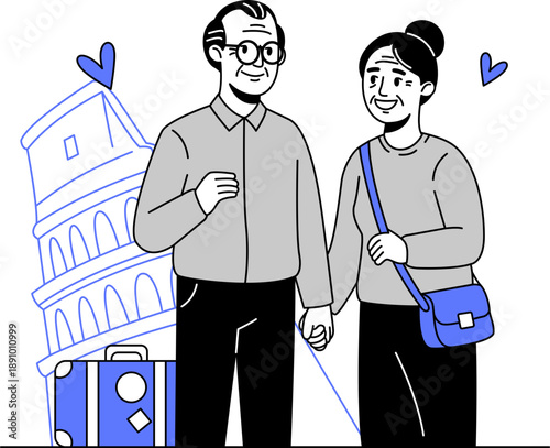 Illustration of Senior Couple Traveling Together for Valentine.