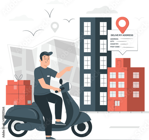 Delivery man riding scooter through urban landscape pointing at map location
