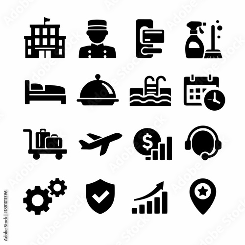 Hotel and travel icons: concierge, bed, pool, and more elements