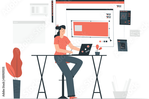 Woman working on laptop at desk surrounded by digital design elements and graphics from various viewpoints