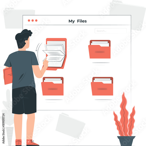 Man organizing digital files on a computer screen with file folders and documents