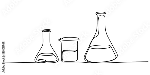 Continuous single line drawing of chemistry laboratory equipment including flasks and a beaker Vector, illustration
