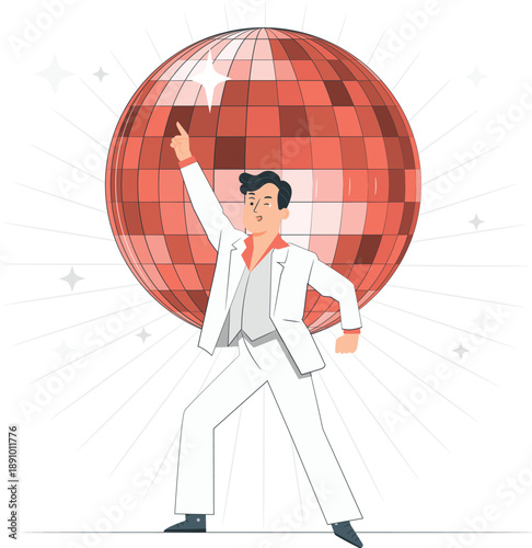 Man dancing in front of a large red disco ball illustration