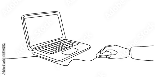 Single continuous line drawing of a hand using a laptop and mouse Vector, illustration