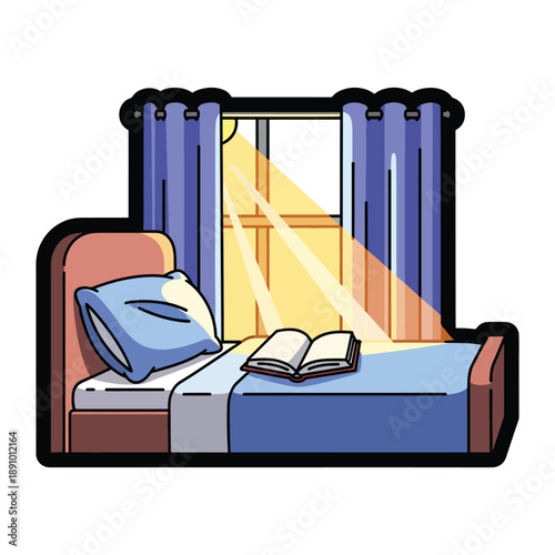 A bedroom scene with a bed and book