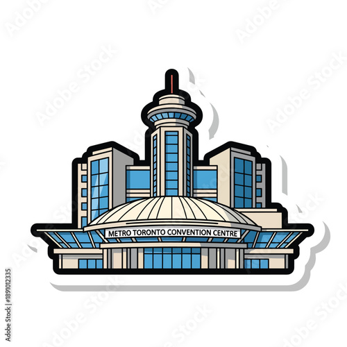 A beige and blue building with a tower