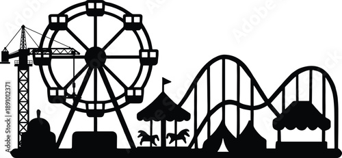 Amusement, park, silhouette, ferris, wheel, roller, coaster, carousel, construction, crane, entertainment, festival, funfair, leisure, attraction, urban, vector, background
