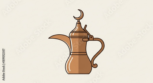 Traditional arabic coffee pot with crescent moon finial on beige background