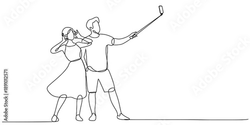 Continuous line art drawing of a young couple taking a selfie with a selfie stick Vector, illustration