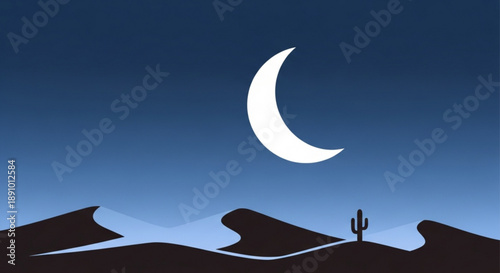 Desert landscape at night with crescent moon and cactus silhouette against blue gradient sky