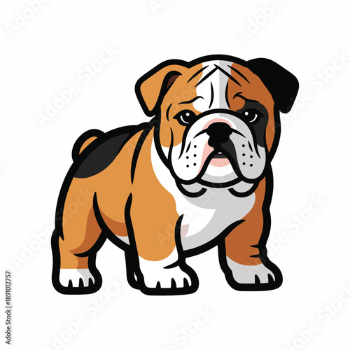 A cartoon bulldog with brown, white, and black fur