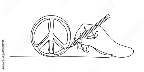 A single continuous line drawing of a hand holding a pencil to create a peace sign symbol Vector, illustration