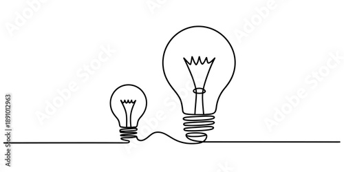 Continuous line drawing of two light bulbs symbolizing creative ideas and innovation Vector, illustration