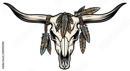 Longhorn Bull Skull with Tribal Feathers Illustration, Southwestern Boho Decor Cow Skull Vector Art, Native American Style Tribal Spirit Animal Mascot