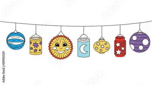 A colorful string of cartoon lanterns hanging from a wire