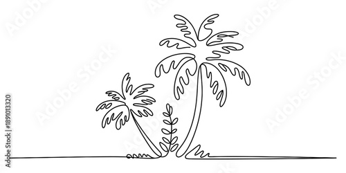 A continuous line drawing of two tropical palm trees on a simple white background Vector, illustration