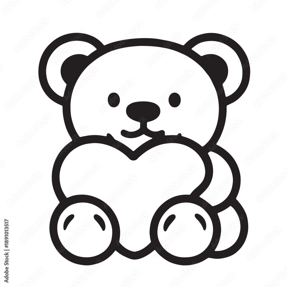 Obraz premium Cute bear holding heart, cartoon style, black and white, simple line drawing, adorable