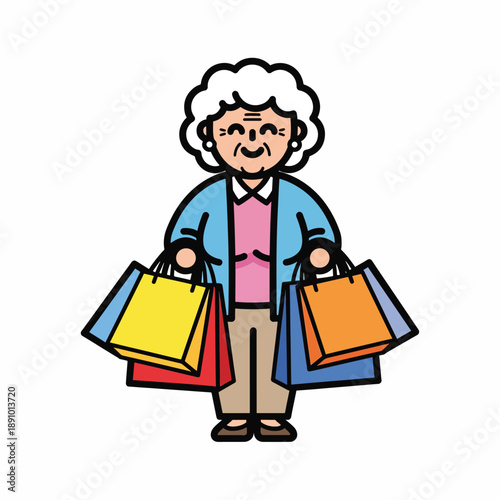 A cartoon elderly woman with white hair and shopping bags
