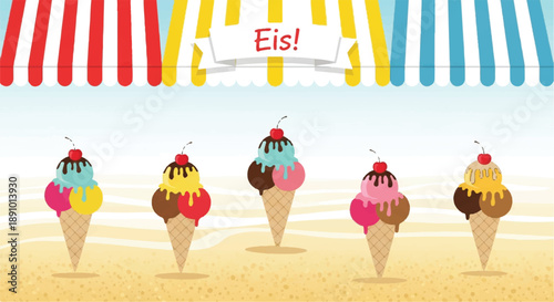Summer Ice Cream Cones on Sandy Beach Illustration with Gelato Sundaes and Striped Awning, German Eis Shop Banner Vector Art