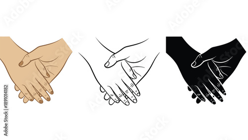 Three pairs of hands shaking in different colors and styles