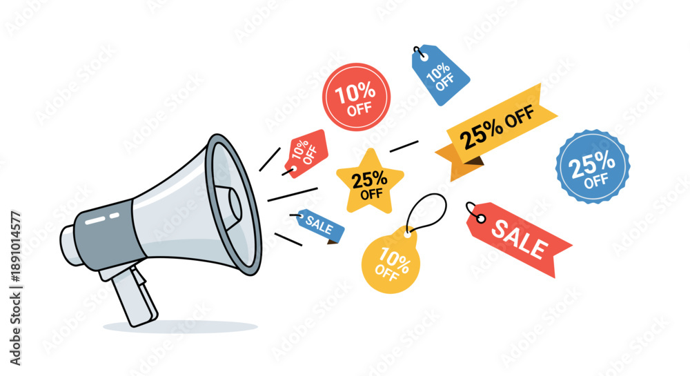 © VISIONER ADVANCE - Megaphone with discount tags and sale banners, representing promotions and advertising for marketing campaigns © VISIONER ADVANCE - Megaphone with discount tags and sale banners, representing promotions and advertising for marketing campaigns