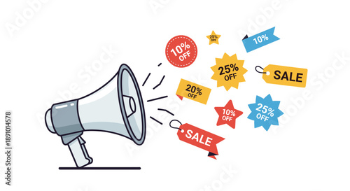 Dynamic Marketing Promotion Concept Featuring a Megaphone Broadcasting Exciting Discounts, Special Offers, and Sale Events to Attract Customers