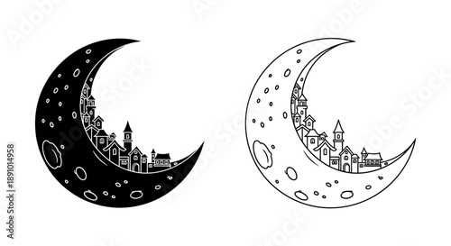 Moon village illustration night sky moon phase