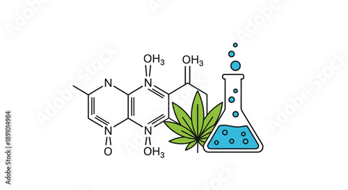 Scientific illustration featuring a complex chemical structure, a green cannabis leaf, and a laboratory flask filled with blue liquid.