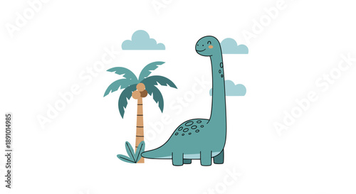 Cute blue long-necked brontosaurus dinosaur standing near a palm tree under small clouds on a white background.