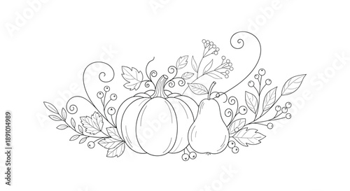 Elegant black and white line drawing of a pumpkin and a pear surrounded by intricate leafy branches and berries.