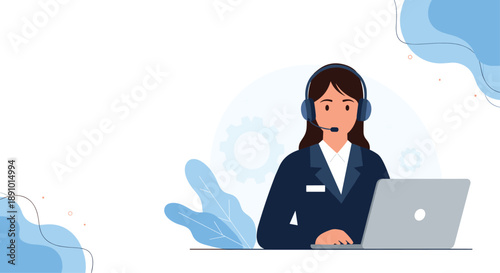Female customer service representative wearing a headset and working on a laptop against a modern blue background.