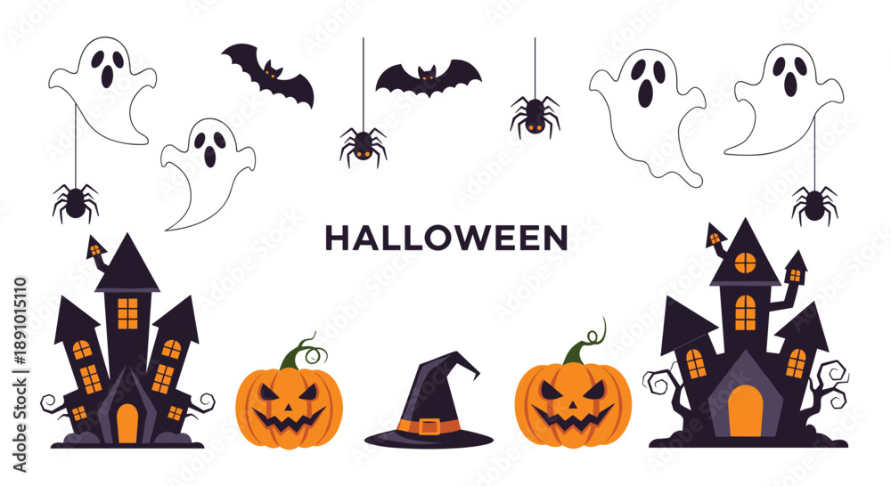 Obraz premium Detailed Halloween display with ghosts, bats, spiders, carved pumpkins, a witch hat, and two spooky haunted houses.