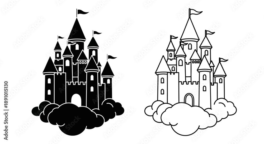 Fototapeta premium Fairytale castle illustration black and white