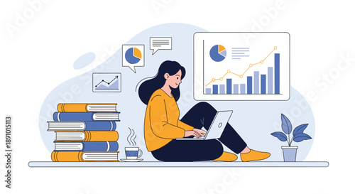 Young woman sitting on the floor with a laptop next to a stack of books and various data analysis charts.