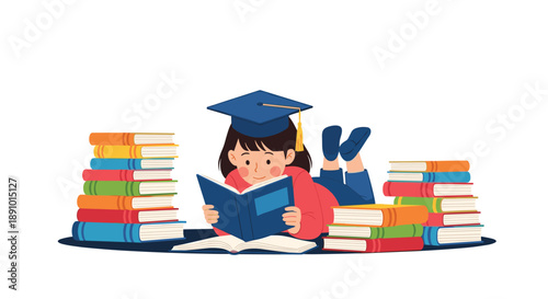 Young girl wearing a graduation cap lying down and reading a blue book surrounded by large stacks of colorful textbooks.
