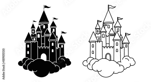 Fairytale castle illustration black and white