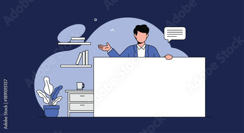 Professional man in a blue suit standing behind a large blank white sign board for presentation in a home office setting.