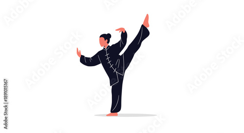 Person dressed in a black traditional uniform performing a high kick martial arts pose against a white background.