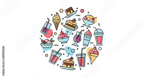 Circular collection of various dessert icons including ice cream cones milkshakes cakes and refreshing colorful drinks.