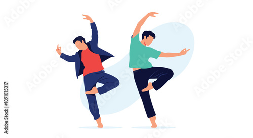 Two men are captured in a dynamic and expressive dance pose against a light blue abstract background as they move together in a shared rhythm.