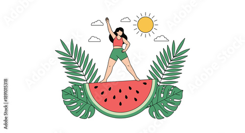 Young woman in a red top and green shorts stands confidently on a large slice of watermelon surrounded by tropical leaves under a bright sun.
