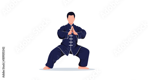 Man dressed in a dark blue martial arts uniform performs a focused traditional stance with his hands joined together on a white background.