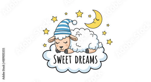 Fluffy white sheep wearing a blue and white striped sleeping cap rests peacefully on a soft cloud surrounded by a crescent moon and stars.