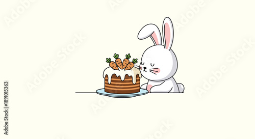 Cute white rabbit with pink cheeks sits patiently in front of a delicious multi-layered carrot cake with frosting on a light cream background.