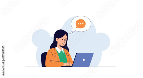 Young woman in an orange jacket works on a laptop with a thought bubble containing an ellipsis above her head in a simple modern illustration.