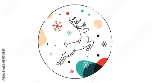 Elegant outline of a reindeer jumping through a snowy scene with colorful circles and snowflakes is enclosed within a round frame for winter.