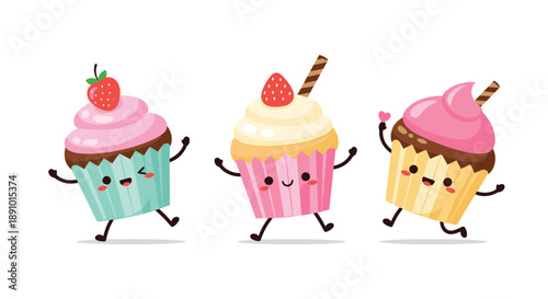 Three happy cartoon cupcakes with different frostings and strawberry toppings are jumping and dancing with joy on a clean white background.
