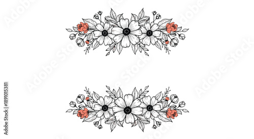 Symmetrical floral frame made of hand-drawn flowers and leaves in black and pink is arranged on the top and bottom of a plain white background.