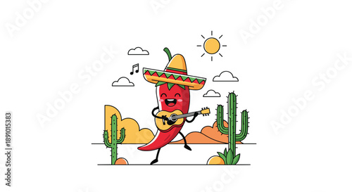 Cheerful red chili pepper wearing a sombrero plays an acoustic guitar while dancing in a desert landscape with cacti and a bright yellow sun.
